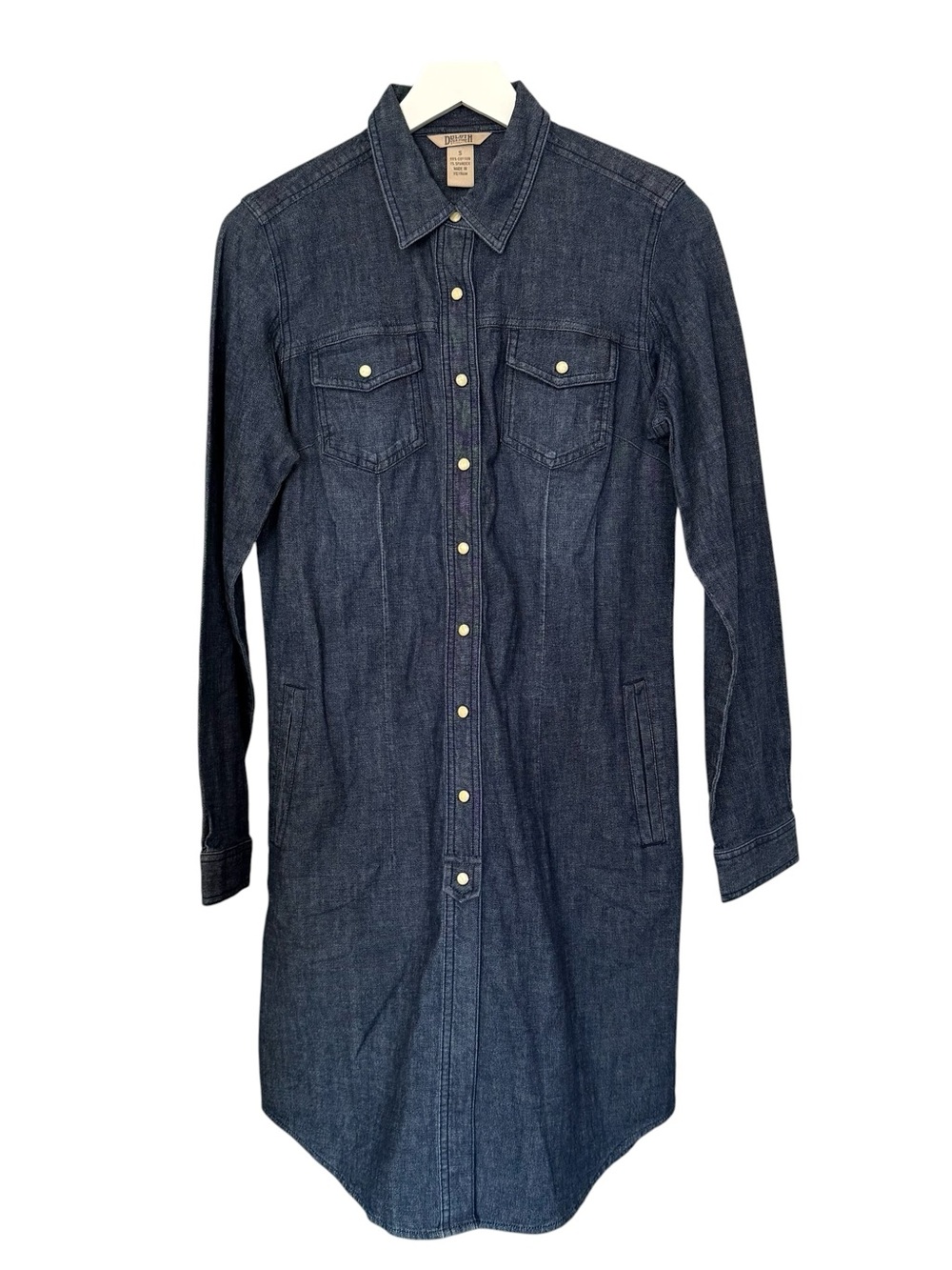Duluth Trading Company Women's Small Blue Denim Pearl Snap Button Shirt Dress